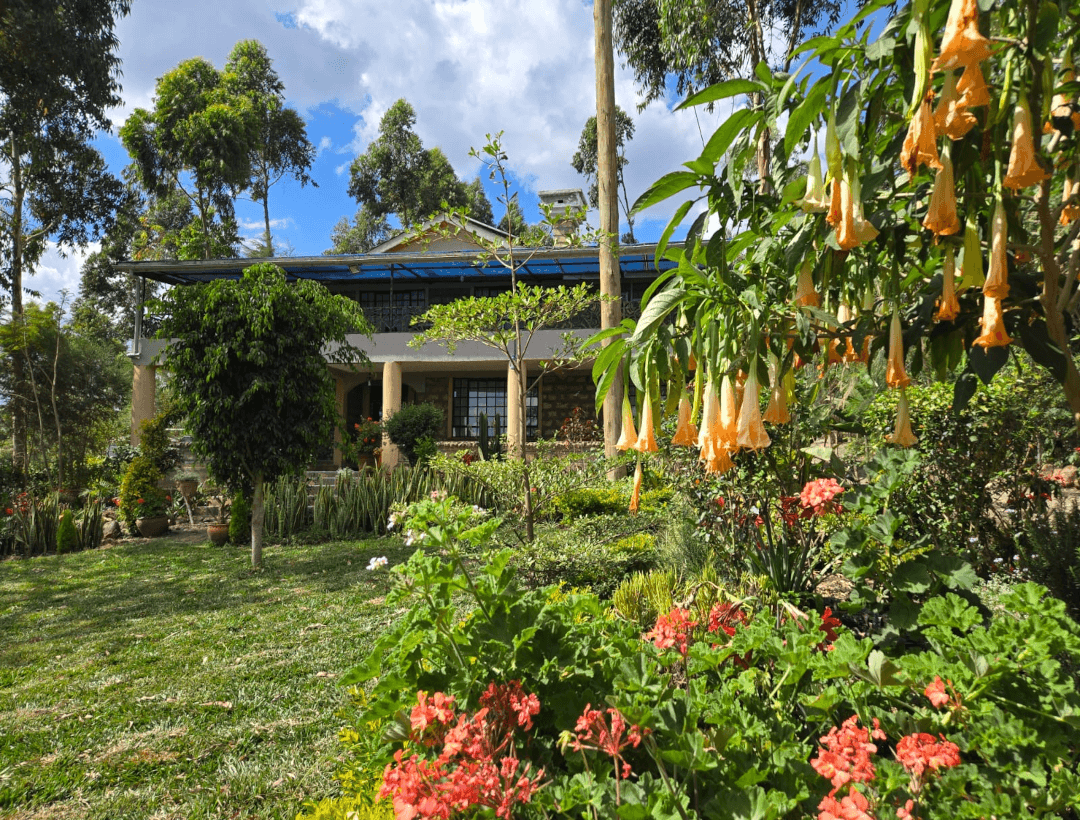 Beautiful garden at Miamor Bushes farm showing vibrant flowers, lush landscaping, and the charming farm house surrounded by nature